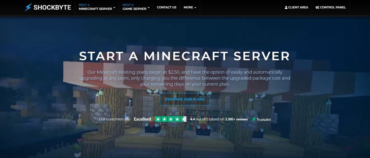 Shockbyte front page image depicting 'Start a Minecraft server'