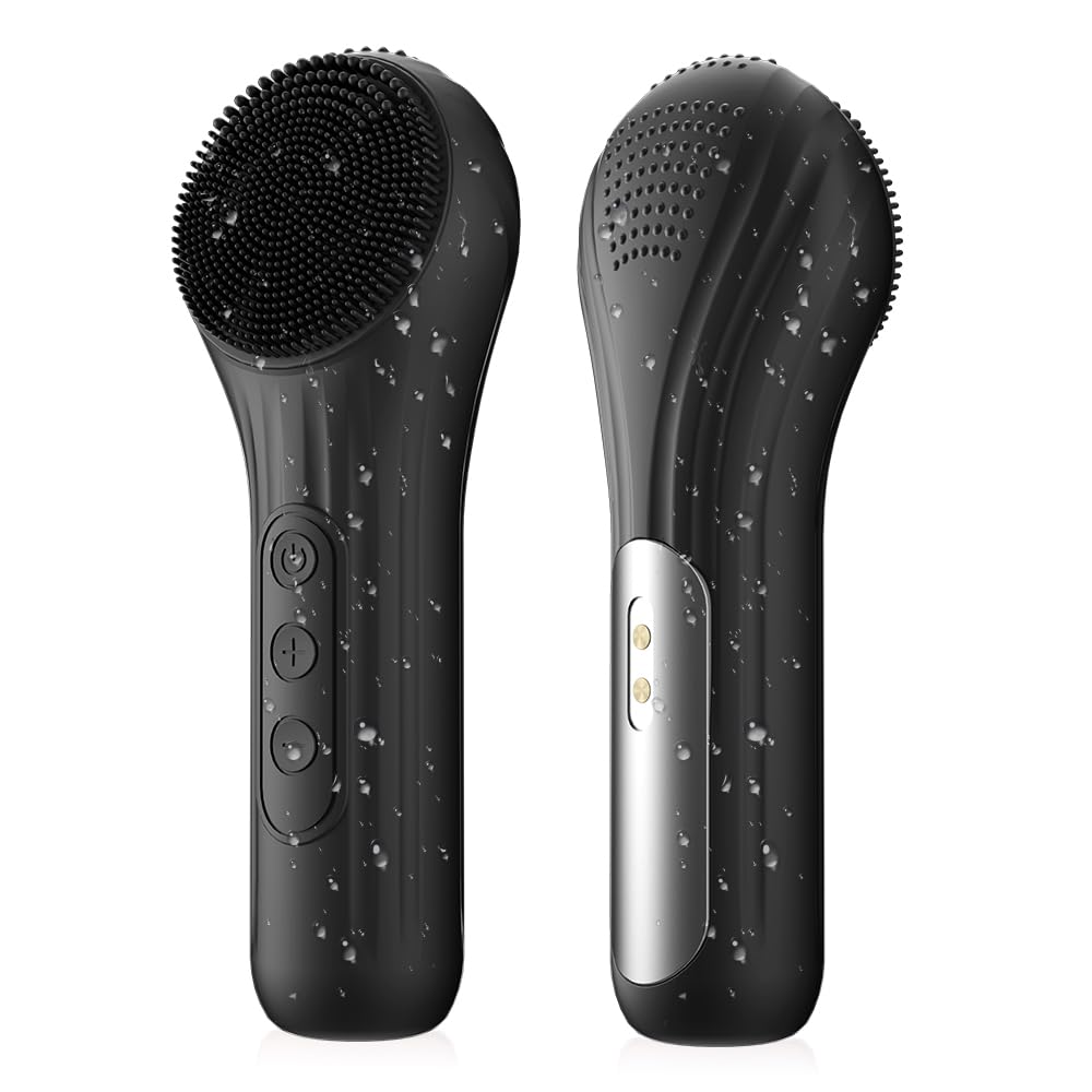 Silicone Face Scrubber, Facial Cleansing Brush with Heating and Vibration, Electric Waterproof Face Wash Brush with 5 Gears Strength for Exfoliating, Deep Cleaning, and Face Massaging (Black)