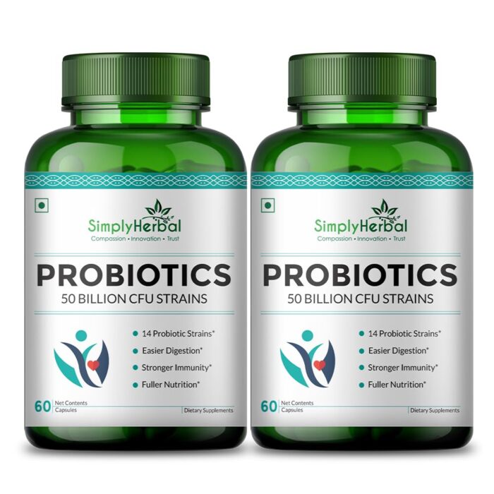 Simply Herbal Probiotics Supplement capsule 50 Billion with 14 Probiotic Digestive Enzyme Strains Promotes Stomach Gut Health and Supports Metabolism Boost for Men & Women - 60 counts (Pack of 2)