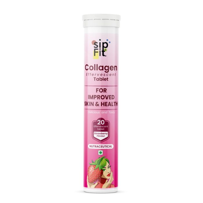 SipnFit Collagen Builder Bubbly Effervescent - 20 Tablets (Strawberry) for Hydrated Skin & Anti-Aging | Amino Acid Blend For Collagen Production | Vitamin C & E | 100% Vegan