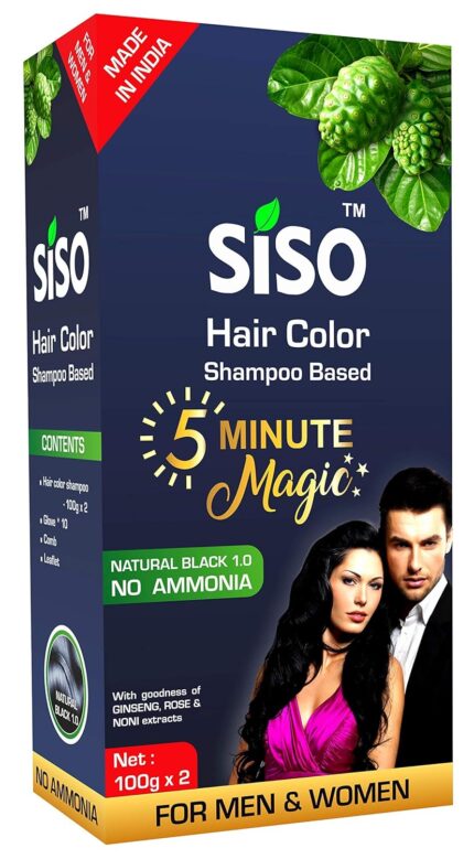 Siso 5 Minute Magic Permanent Hair Color Shampoo, 200g - Natural Black, 100% Grey Coverage with Herbal Extracts, 0% Ammonia & Silicone