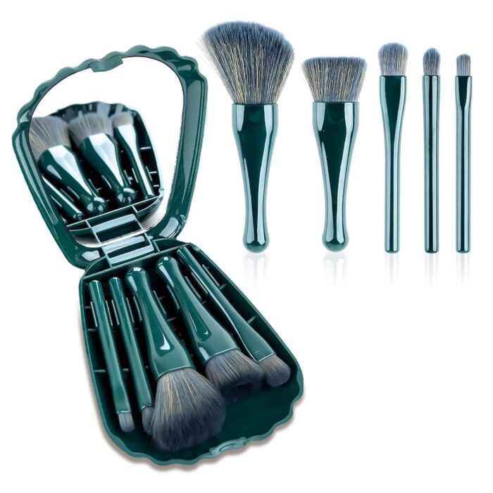Sloane 5PCS Mini Mermaid-Inspired Makeup Brushes Kit - Portable Mirror Case. Features Lip Brush, Blending Powder Brush, and Eyeshadow Brush for Effortless On-the-Go Beauty (Multicolor)