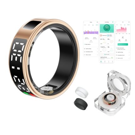 Smart Ring Health Tracker with Display Screen, IP68 Waterproof Fitness Ring, Bluetooth Connection Health Ring Compatible with iOS/Android, Activity Tracker/Heart Rate/Blood Oxygen/Sleep (Gold, 12#)