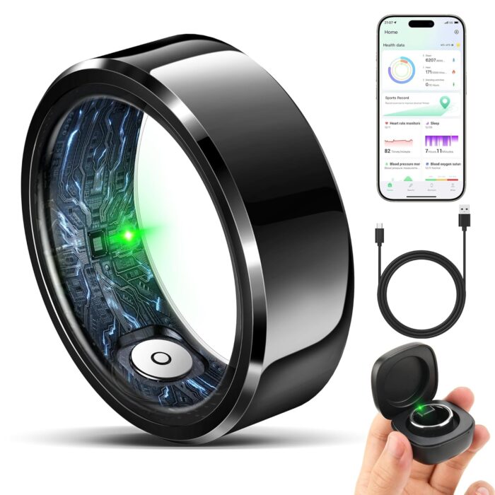 Smart Ring for Women Men, Fashion Modern Minimalist Fitness Ring& Sleep Tracker Ring with Heart Rate,Blood Pressure,Waterproof Health Ring,No Subscription,Travel-Friendly Couple Gift(Size12, Black)
