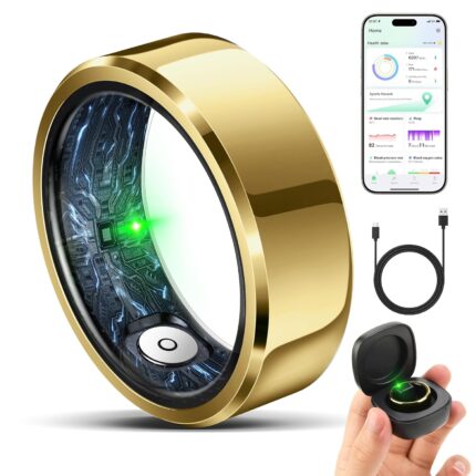 Smart Ring for Women Men,Fashion Modern Minimalist Fitness Ring & Sleep Tracker Ring with Heart Rate,Blood Pressure, Waterproof Health Ring, No Subscription,Travel-Friendly Couple Gift (Size 9, Gold)
