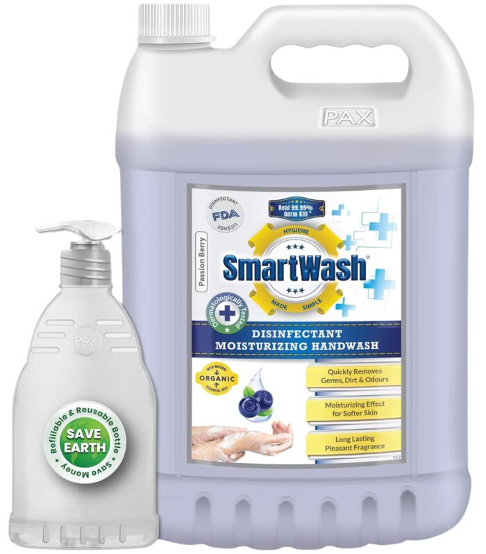 SmartWash Moisturizing HandWash Soap with Extra Strong Germ Disinfectant Protection (Passion Berry), 5L with Refillable Dispenser Bottle