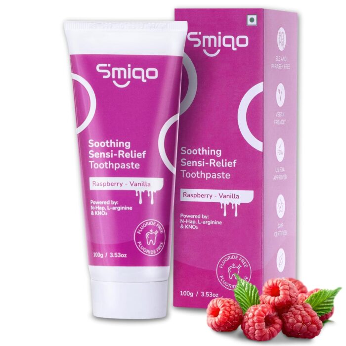 Smiqo Sensitivity Relief Toothpaste for Adults- 100g | Instant Sensitivity Relief | Delicious Raspberry-Vanilla Natural Flavour | Advanced Formula with N-Hap, L-Arginine, and Potassium Nitrate | Fights Plaque & Cavities | Freshens Breath | SLS-Free | No Harsh Chemicals