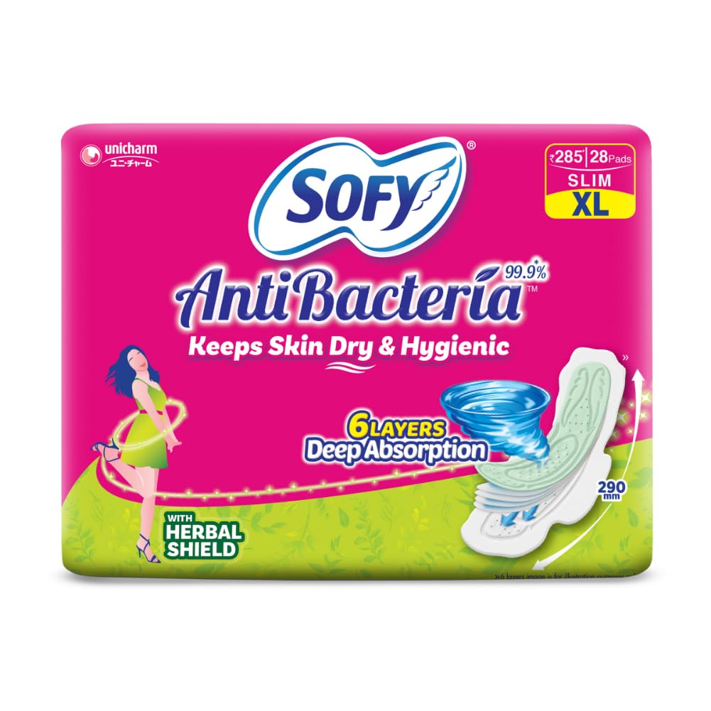 Sofy Anti-Bacteria Sanitary Pads (XL Size - 290 mm) 28 Pads - 6 layer deep absorption & Herbal Shield for Bacterial Protection, Soft on skin with comfy dry top sheet (Pack of 1)