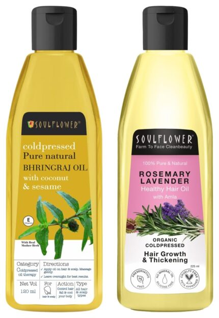 Soulflower Rosemary Lavender Hair Oil - 225ml Bhringraj Hair Oil 100% Pure & Natural| Hair Growth, Strengthening & Nourishing hair roots, Anti-Dandruff, Cooling Scalp| Coconut, Sesame| 120ml