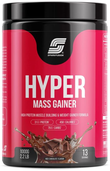 Sparkfusion Hyper Mass Gainer High Protein Muscle Building & Weight Gainer Formula | 16.8g Protein,58.80g Carbs,306 Calories With Milk for Muscle Support & Muscle Mass Gain | 1000 Gm | Chocolate Flavour