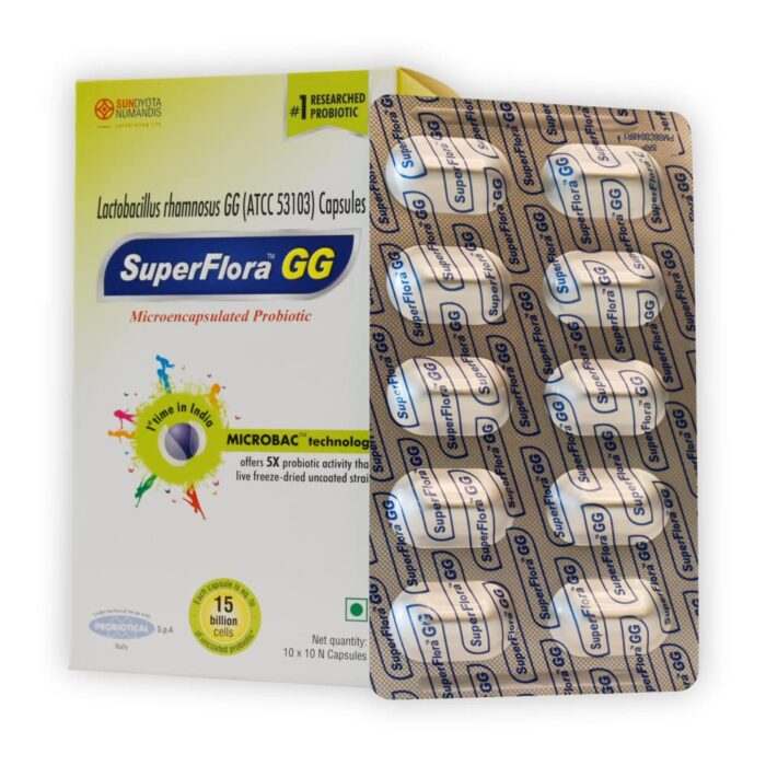 Sundyota's Superflora GG Probiotic Supplement Capsules | offers 5X more probiotic activity | Probiotic ideal for daily use, digestion and GI health | 30 Veg capsules in each pack