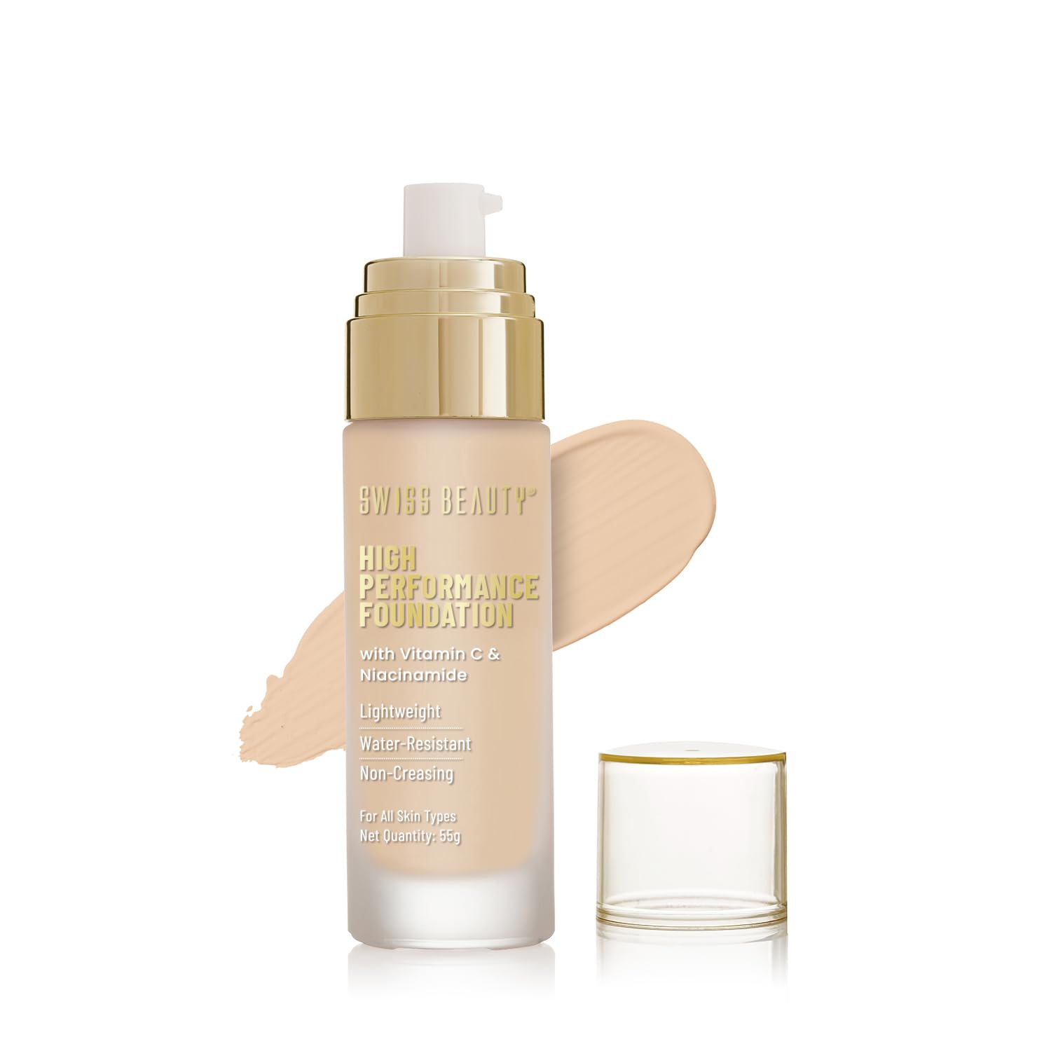 Swiss Beauty High Performance Foundation | Water-Resistant | Medium To Buildable Coverage Liquid Dewy Finish | Lightweight | Easy To Blend | With Vitamin C & Niacinamide | 03 Natural Beige, 55G
