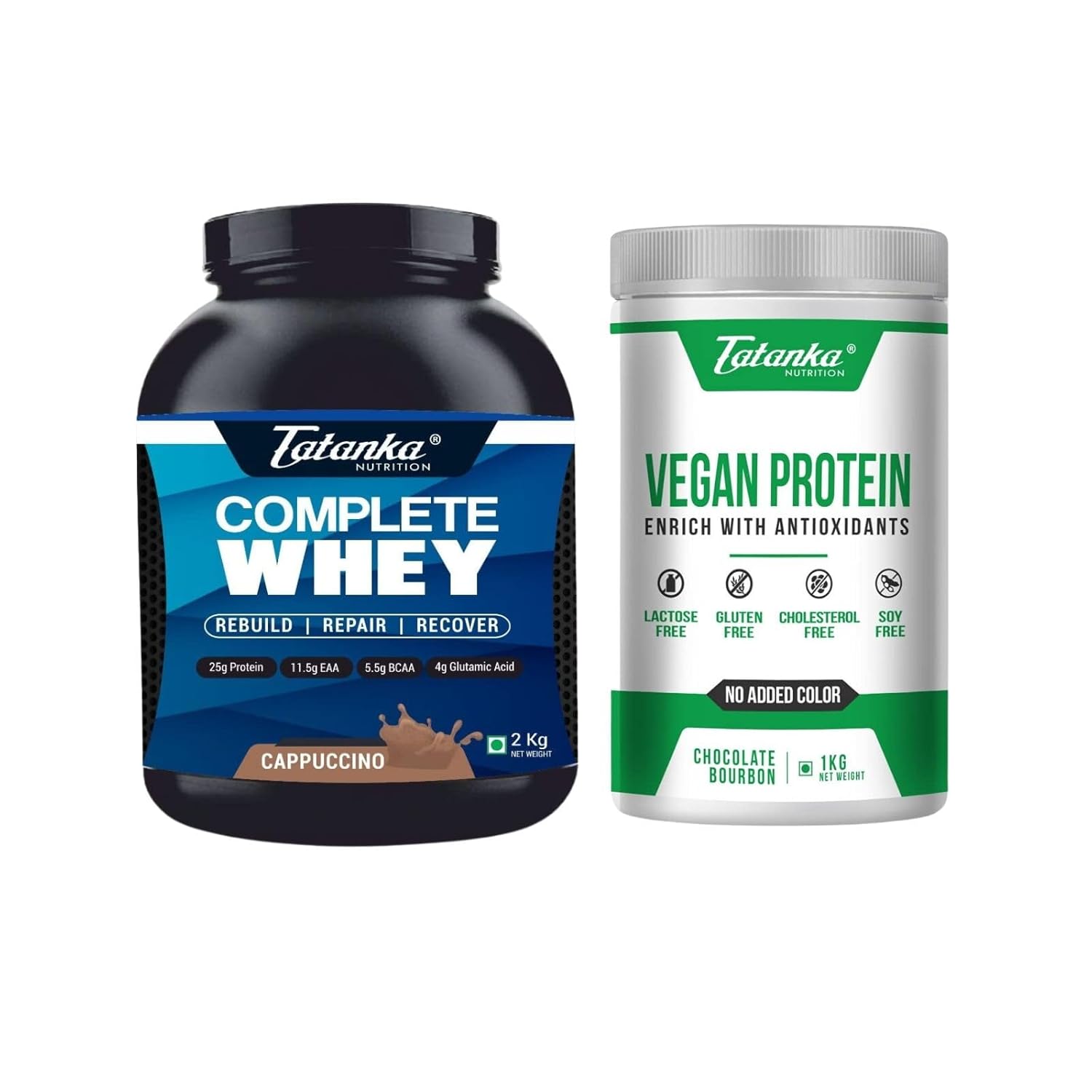 TATANKA NUTRITON Complete Whey Protein Concentrate 80% | Digestive Enzymes | (Cappuccino, 2Kgs) And Vegan Protein | Rich In Antioxidants | 1Kg (Chocolate Bourbon)