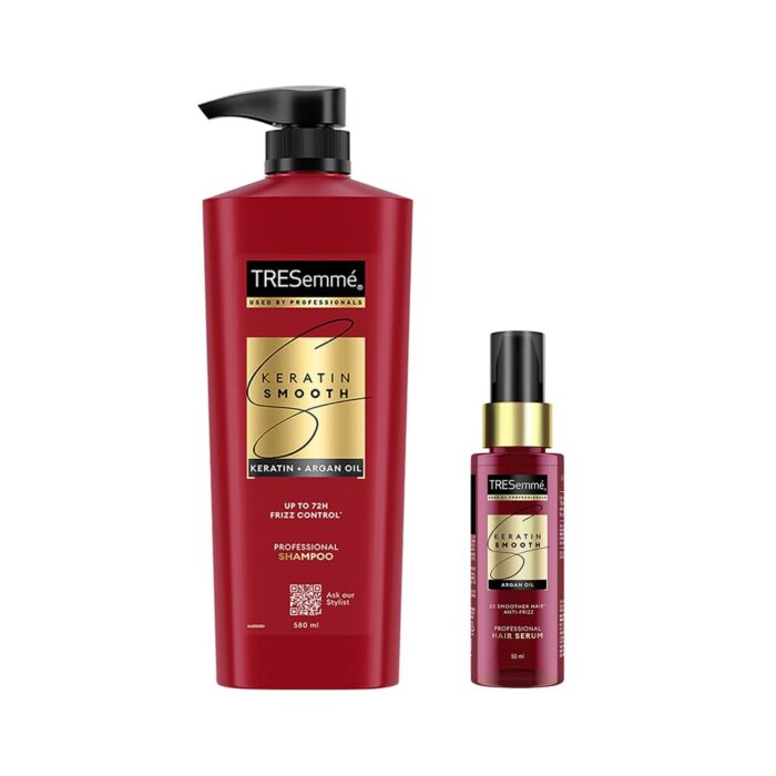 TRESemme Anti-Frizz Serum Combo for Long Lasting Frizz control - Keratin Smooth 580 ml Shampoo and Keratin Smooth 50ml Serum