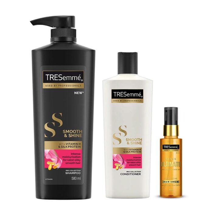 TRESemme Ultra Shine Serum Combo (With Heat Protection) for Super shiny Finish - Smooth and Shine 580ml Shampoo, Smooth and Shine 190ml Conditioner and Gloss Ultimate 50ml Serum