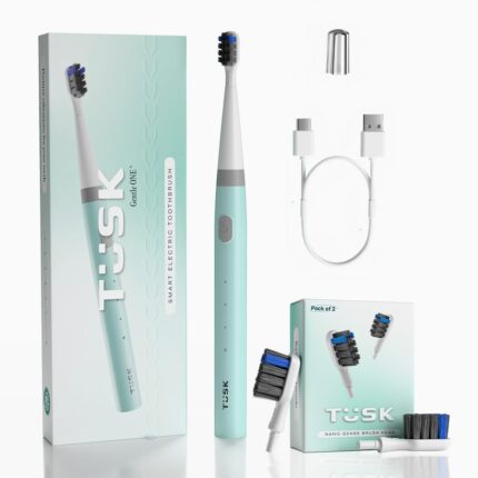TÜSK Gentle One Electric Toothbrush with 2 Replaceable Soft Brush Heads - USB-C Rechargeable, 24,000 Sonic Vibrations, 60-day Battery Life, 3 brushing Modes (Sea Green)