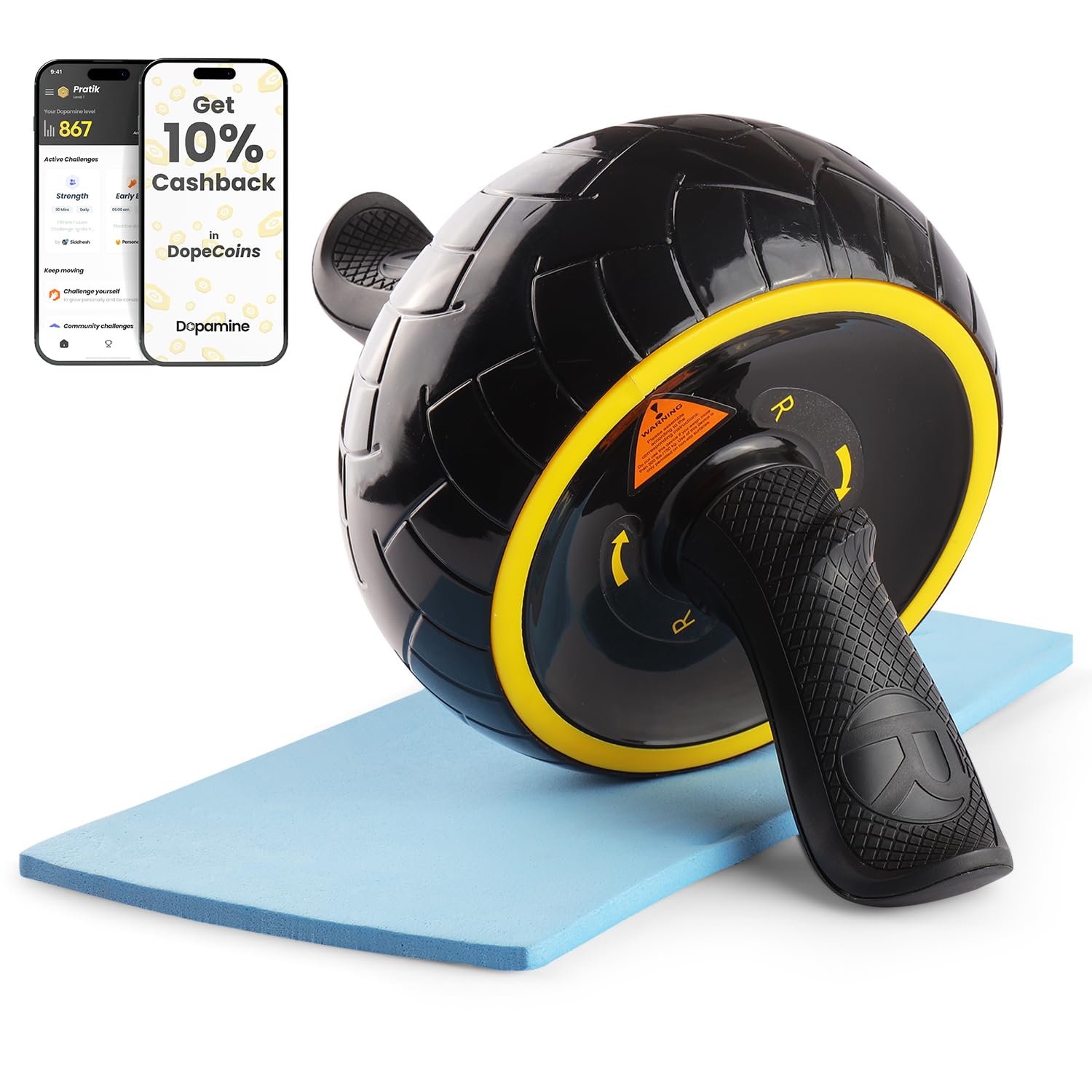The Cube Club Dual Abdominal Exercise Blaster Fitness Roller for Abs Workouts | Indoor Wheel Retractable Equipment for Core Strengthening for Men & Women (Black & Yellow, 6 Month Warranty)