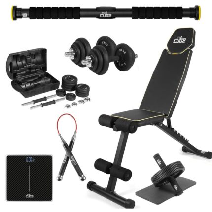 The Cube Club TotalFit Gym Combo for Beginners Home Gym Equipment Kit for Strength & Core Set of 6(Bench Neo, Ab Wheel, Pull Up Bar, Hip Band, Jump Rope, 20kg Dumbbell Set)
