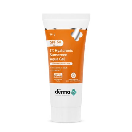 The Derma Co 1% Hyaluronic Sunscreen Aqua Gel SPF 50 PA++++ I For Oily, Dry, Acne-prone Skin | Ultra Lightweight Texture I Non-Greasy I No White Cast | Broad Spectrum Protection & Blue Light Protection | For Men & Women | 30 g