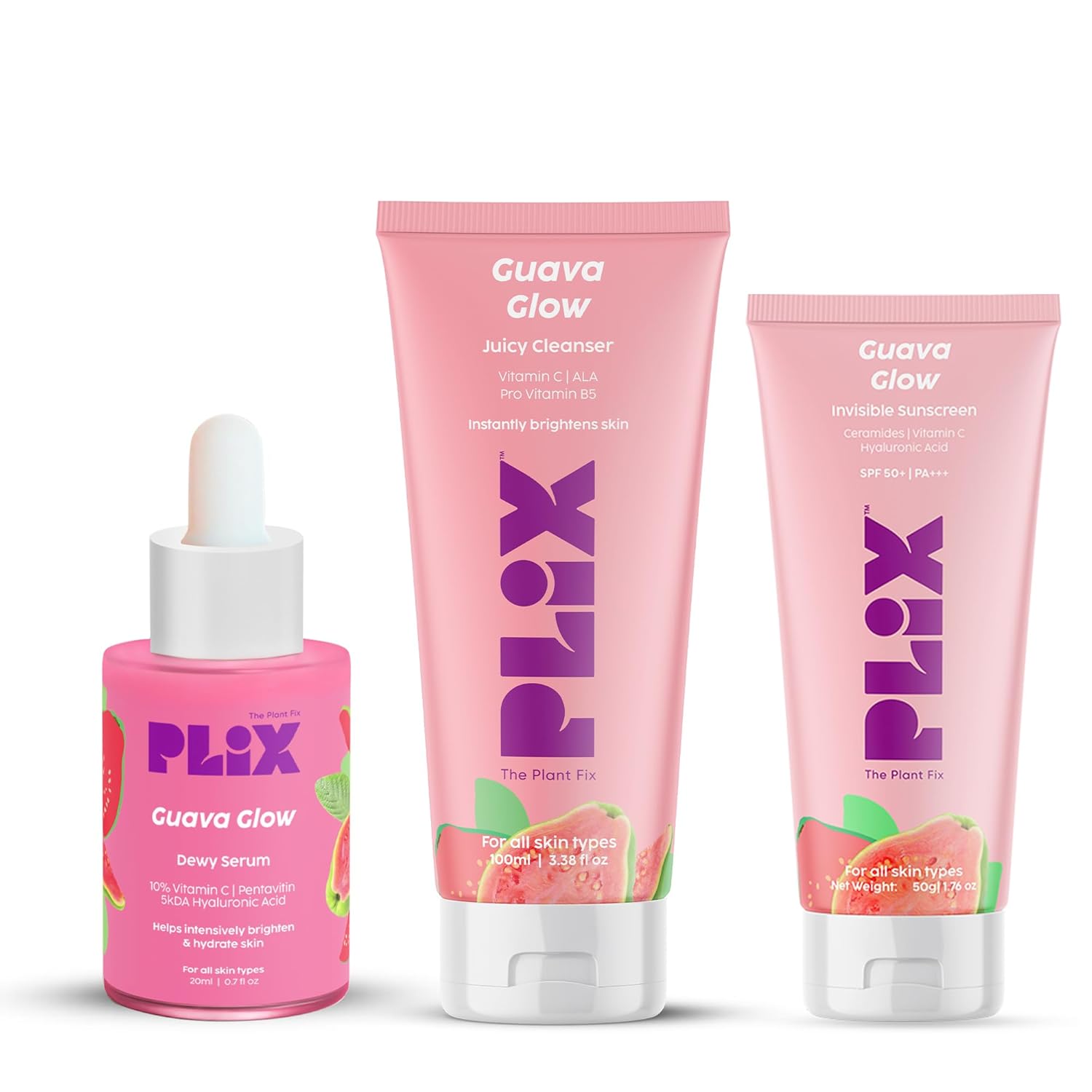 The Plant Fix Plix Vitamin C Guava Skincare Combo, Face Serum, Cleanser & Zero White Cast Sunscreen | For Skin Brightening & Sun Protection | UVA, UVB Shield & Hydration, For Men & Women