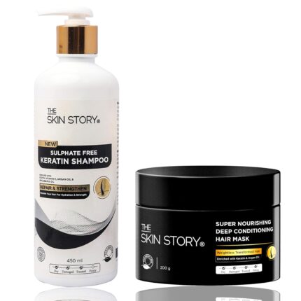 The Skin Story Shampoo and Mask Deep Conditioning Combo | Sulphate Free Keratin Shampoo 450ml | Deep Conditioning Hair Mask 200g | For Dry Frizzy Hair | Damage Control | Coloured and Treated Hair | Hair Care Combo Kit