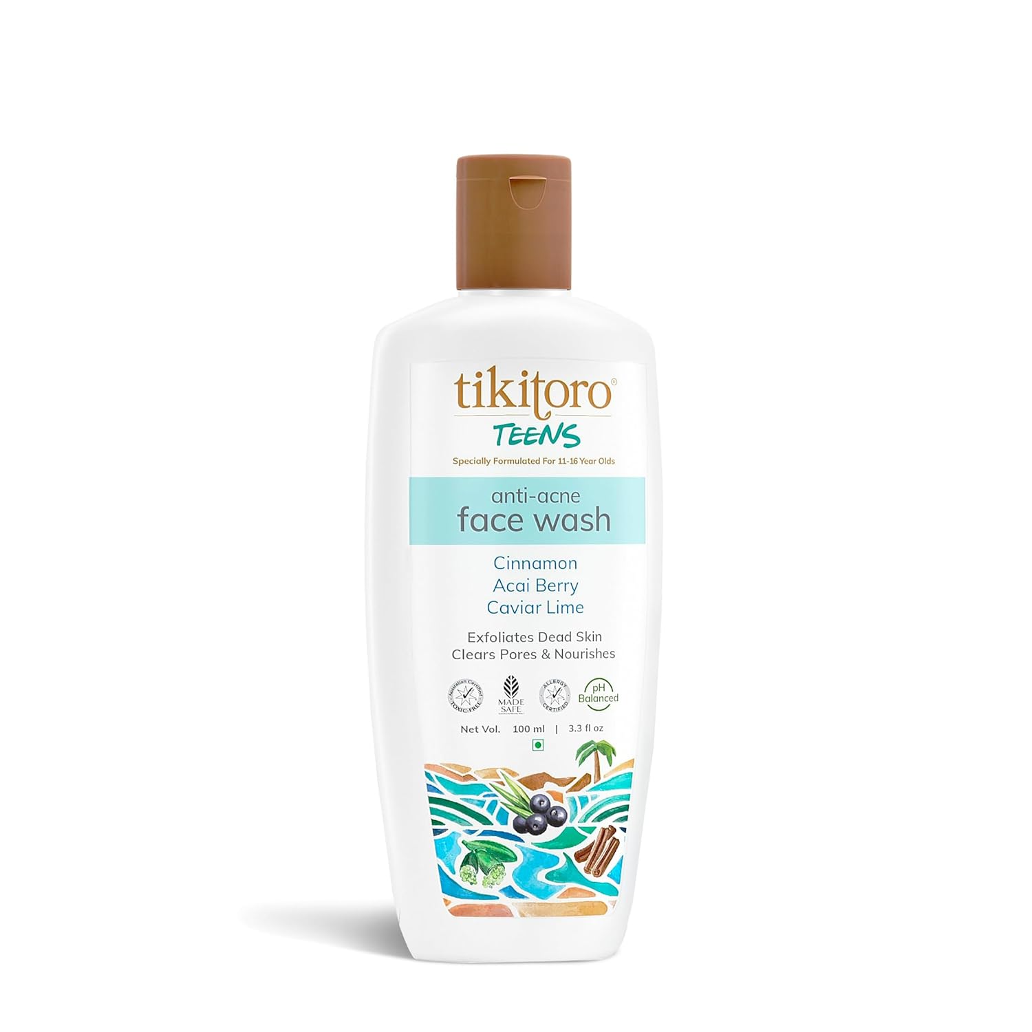 Tikitoro Teens Anti-Acne Face Wash with Cinnamon, Acai Berry, Caviar Lime, Unclogs Pores, Reduces Active Acne and Exfoliates Dead Skin | No Parabens & Sulphates | All Skin Types (Age: 11+) (100ml x 1)
