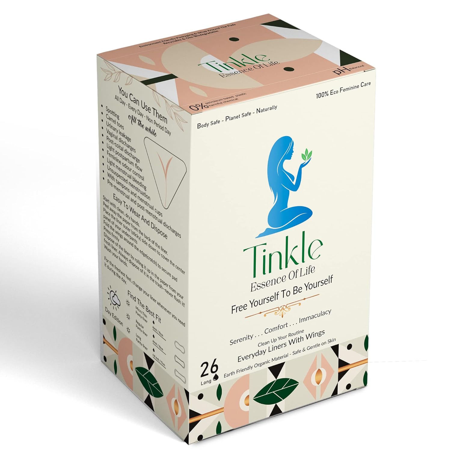 Tinkle Eco-Luxe Eco Friendly Mini Pads With Wings For Women Daily Use aka (Panty Liners With Wings), Infused Anion Chip, Protection During Pregnancy Discharge And Spotting, Organic Soft Cotton, 185 mm 148 Large Panty liners In Pack Of 4