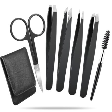 Tinyera JSUSOU Eyebrow Tweezer Set, 6pcs, Stainless Steel, Black, Classic, Precision Tweezers for Eyebrows, Facial Hair, Ingrown Hair, Splinter, Blackhead, Tick Remover