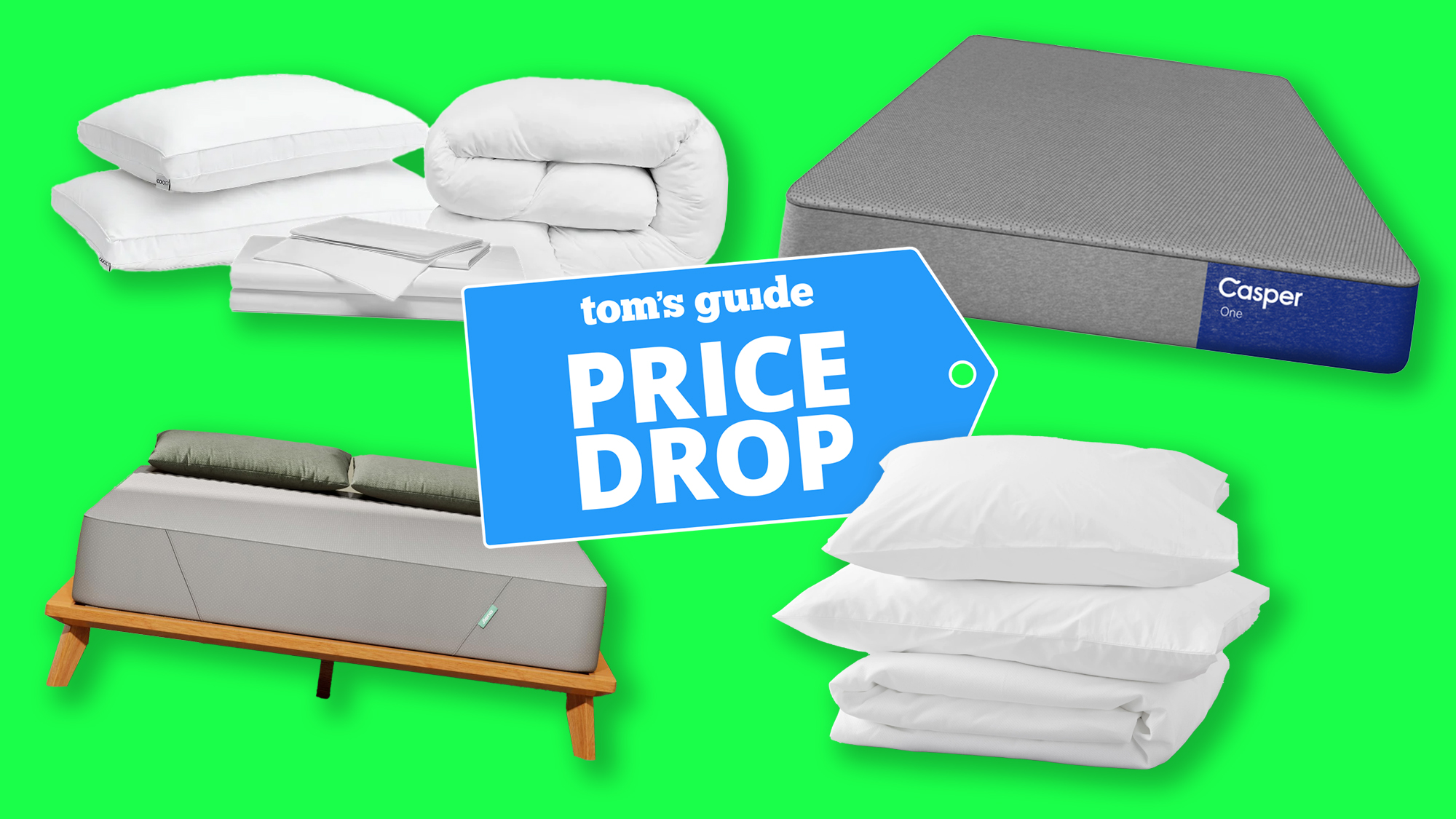A collage of items included in this deals hub, including a Coop Sleep Bundle featuring pillows, mattress topper and sheets in the top left, a Casper One Mattress in the top right, a Casper sheet and pillows bundle in the bottom right and a Siena mattress in the bottom left. In the middle is the Tom's Guide Price Drop deals graphic