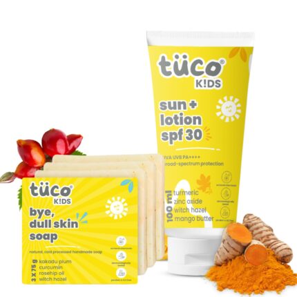 TuCo SPF 30 All Skin Kids Dull Skin Soap (75 gm x 3) & Sunscreen Lotion (100 ml) | Safe For Kids | Ages 2-5, 5-10, 10-15 | Paraben & Sulfate Free | Pack of 4