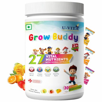 U-VITA Grow Buddy Multivitamin Gummies for Kids (2+ Years) | No Added Sugar | 27 Essential Vitamins, Minerals & Pure herbal extracts | 3 Flavours – Mango, Strawberry & Orange | 30 Veg Gummies | Formulated in the UK