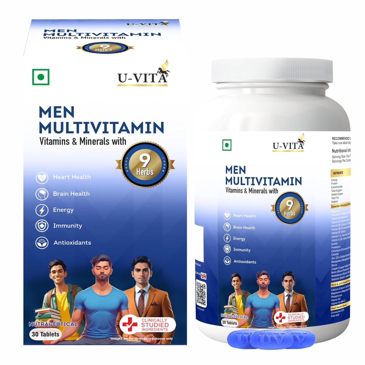 U-VITA Men Multivitamin | 38 Essential Vitamins, Minerals & Herbal extracts | Ashwagandha, Ginseng, Grape Seed Extracts | For Energy & Overall Vitality | 30 Veg Tablets | Formulated in the UK
