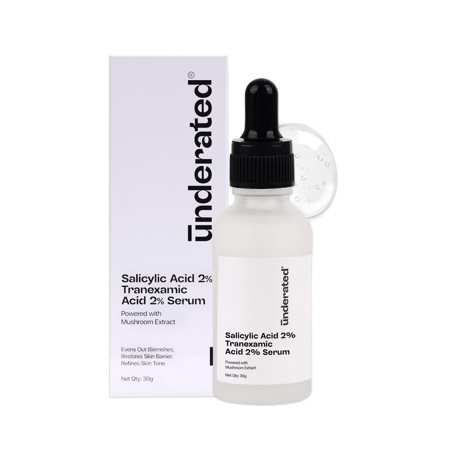 Underated Salicylic Acid 2% + Tranexamic Acid 2% Serum | Anti-Acne & Brightening | Powered with Mushroom Extract | Reduces Acne Marks, Melasma, & Discoloration | For All Skin Types | 30g