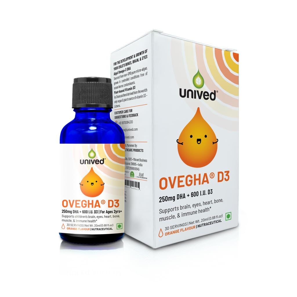 Unived Ovegha D3 Kids, Algae Omega-3 DHA with Plant-Based Vitamin D3, 250mg DHA & 600 I.U. D3, Liquid Dropper, Natural Orange Flavour, 30 servings