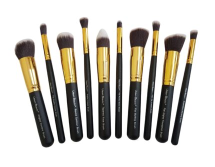 Urban Beauty 10 Pieces Makeup Set - Kabuki Foundation, Eyeshadow Blending, Buffing, Contour, Crease, Face Brushes Without Pouch (Black+Gold)