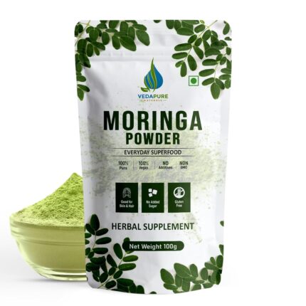 VEDAPURE Organic Moringa Powder 100g – 100% Pure Moringa Oleifera | Drumstick Leaf Powder for Skin, Hair, Immunity & Energy | Herbal Supplement