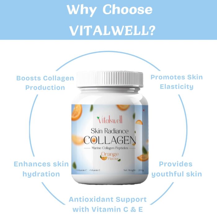 VITALSWELL Marine Collagen Powder for Men and Women, Peptides for Youthful Glowing Skin, Healthy Hair and Nails | 200 gms