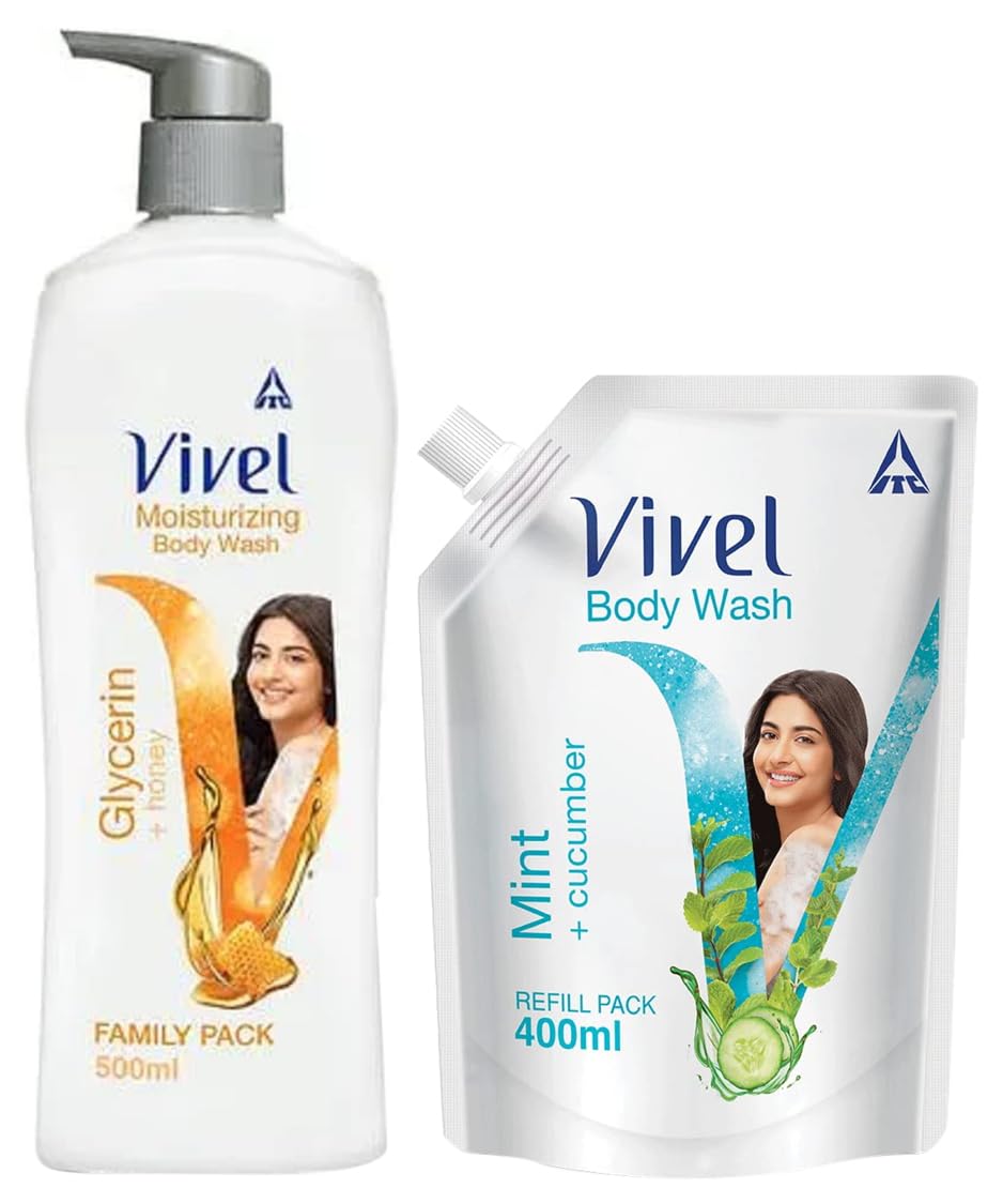 VIVEL Body Wash, Glycerin & Honey, Moisturising Shower Gel, For Glowing skin, 500ml Pump, For women and men, Natural&Vivel Body Wash, Mint & Cucumber Shower Creme, Liquid Refill Pouch, 400 ml