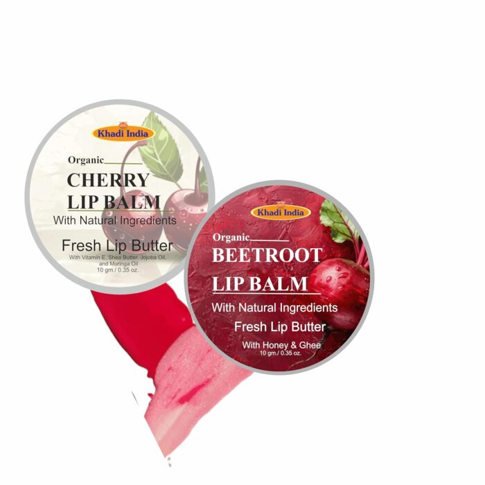 Vedimatic Khadi Herbal Cherry & Beetroot Lip Balm with SPF/Made with Beetrot Cherry Extracts, Olive oil, Shea Butter, Vitamin E and Avocado Oil/For Dry, Chapped and Dark Lips/ 10gms (Pack of 2, Cherry & Beetroot)