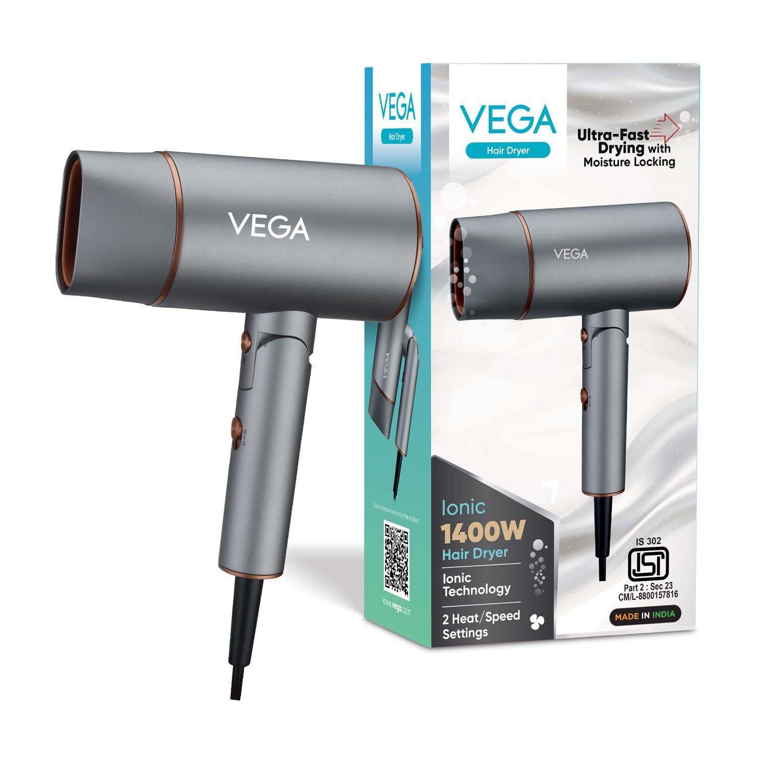Vega Ionic 1200-1400W Hair Dryer for Men & Women with Ionic Technology & Cool Shot Button, 2 Heat/Speed Setting, Faster Drying, Foldable Hair Dryer, (VHDH-28)