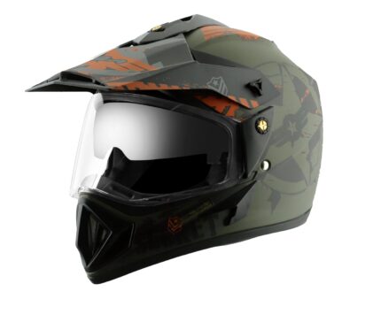 Vega Off Road Secret ISI Certified Matt Finish Full Face Dual Visor with Peak Helmet for Men and Women Outer Clear Visor and Inner Smoke Sun Visor(Dull Green Black, Size:M)