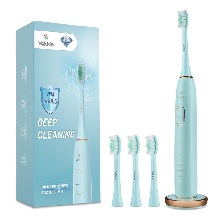 Vekkia Electric Toothbrush, Sonic Cleaning Rechargeble Toothbrush with Timer, Pressure Sensor, 4 Modes, 4 Brush Heads, Last up to 180 Days, Best Toothbrush for Adults (Blue Diamond)