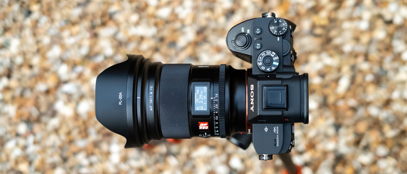 Viltrox AF 16mm f/1.8 FE attached to a Sony A7R III viewed from above