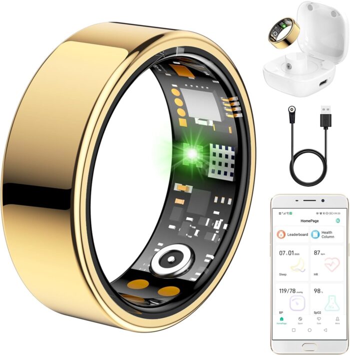 Vital Health Ring for Women Men, Fitness Tracker with Heart Rate, Blood Oxygen, Blood Pressure Monitor, Sleep Monitor, Calories, Step Counter, Waterproof Fit Ring , No Subscription Fee (Gold, 8#)