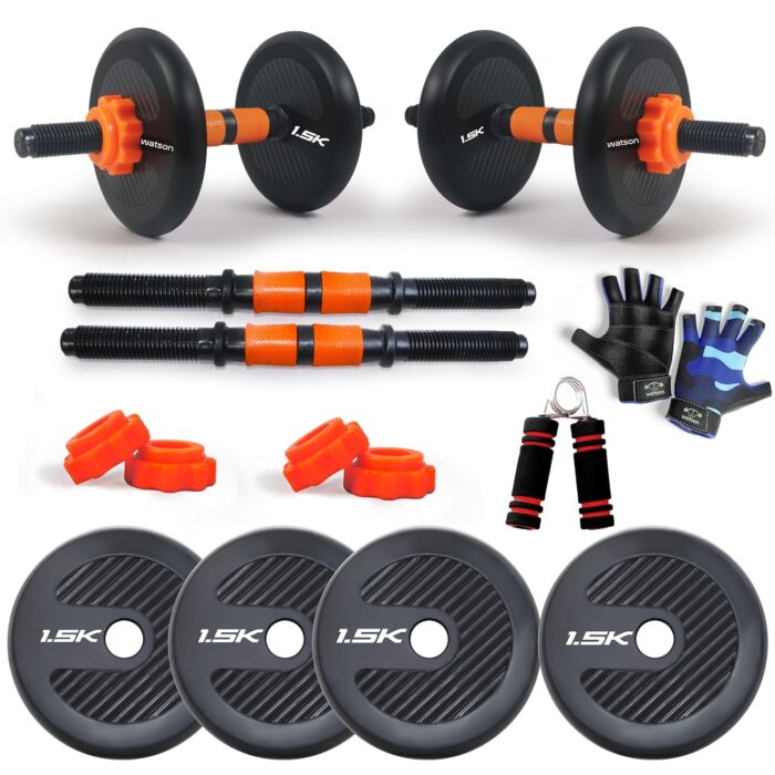 WATSON Premium Rubber Dumbbell Set for Men & Women Fitness, Dumbbell Set with 6Kg (1.5Kgx4) Rubber Weight Plates, Hard PVC 14" Dumbbell Rods, Foam Gripper & Gym Gloves