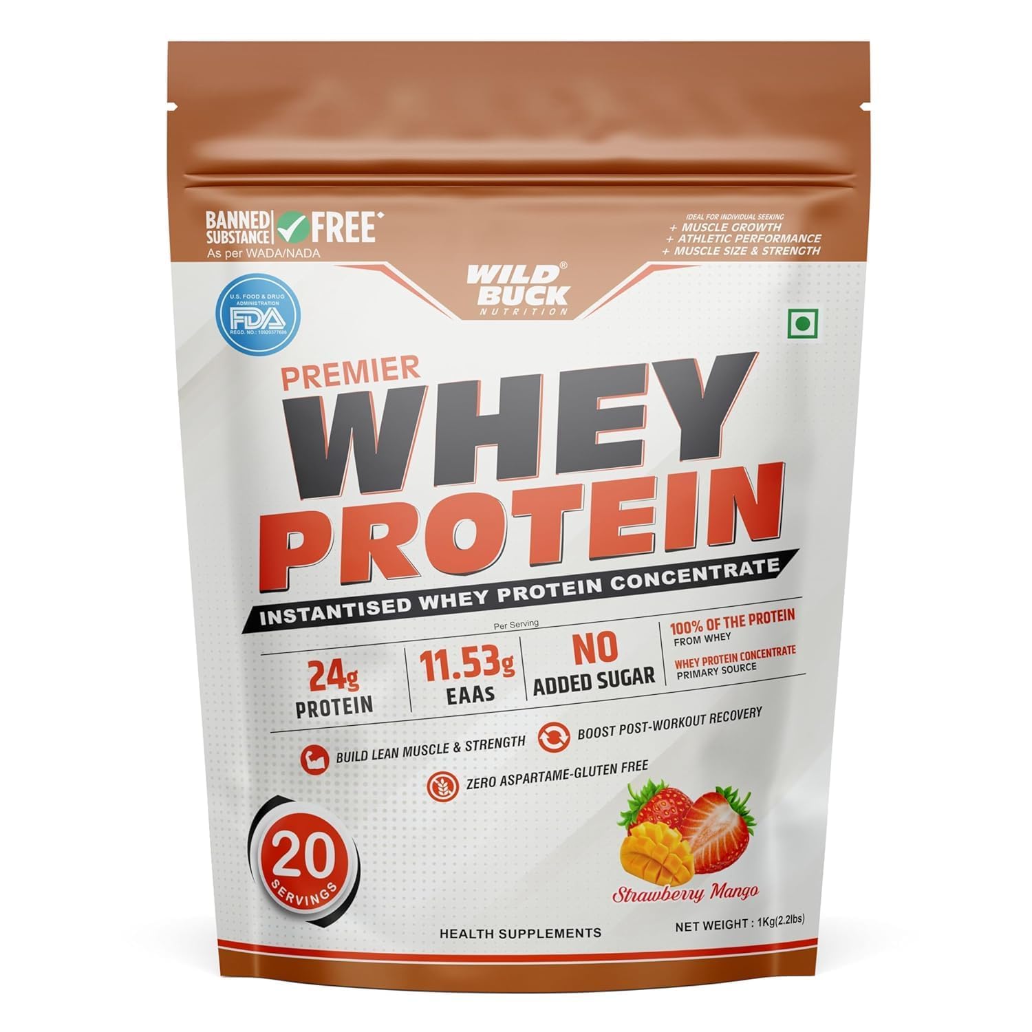 WILD BUCK Premier Whey Protein Concentrate 100%, 24G High Protein, 5.43G Bcaa, 11.53G Eaa & Added Digestive Enzymes|Muscle-Building Whey Protein Powder|For Men & Women [1Kg, Strawberry Mango]