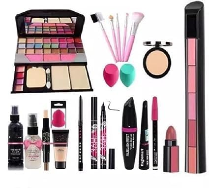 WRYAK Makeup Kit with 5 Pink Makeup Brushes 3in1 Eye Combo 36H Kajal Compact Lipstick Fixer Primer Contor,Foundation, 3 Makep Puffs - (Pack of 20)