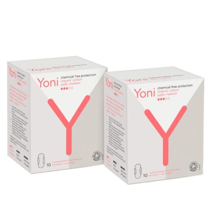 Yoni 100% Organic Cotton Pads – For Medium flow Organic Cotton Biodegradable Sanitary Pads, Overnight | Anti-Bacterial | Superb Absorbency | Long Lasting Protection | Skin Friendly | Comfortable & Easy To Use | Pack of 2