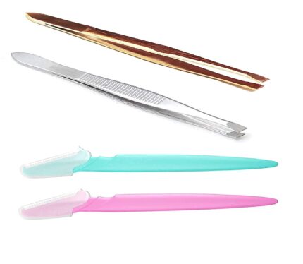 Zhunmun Combo Pack of Tweezer Slant Tip Tweezers & Eyebrow Plucker for Upper Lip, Eyebrows & Blackhead and Eyebrow Facial Hair Remover Razor (2 tweezer & 2 eyebrow razors)