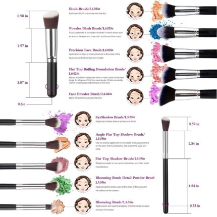 Zirak Synthetic Kabuki Foundation Face Powder Blush Eyeshadow Brush Kit with Blender Sponge and Brush Cleaner – 10 Pcs Makeup Brushes Set (Black/Silver)